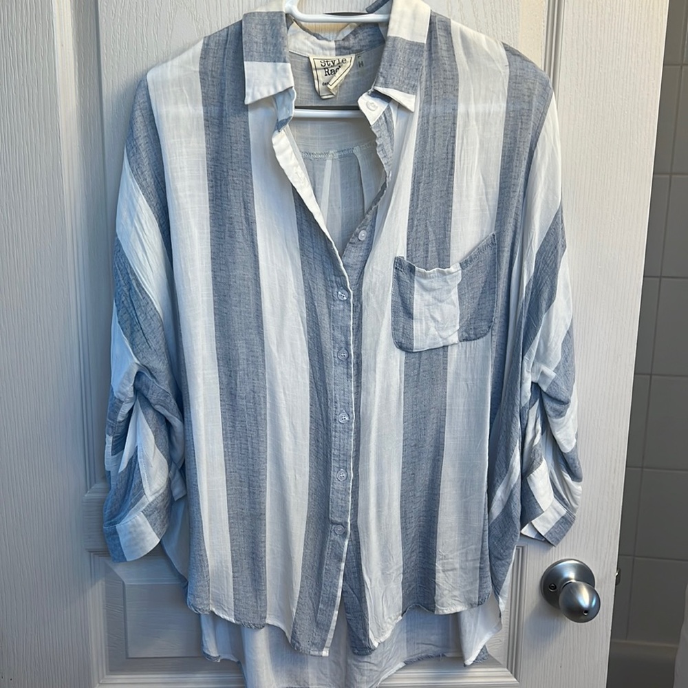 Oversized striped cotton button down with adjustable sleeves